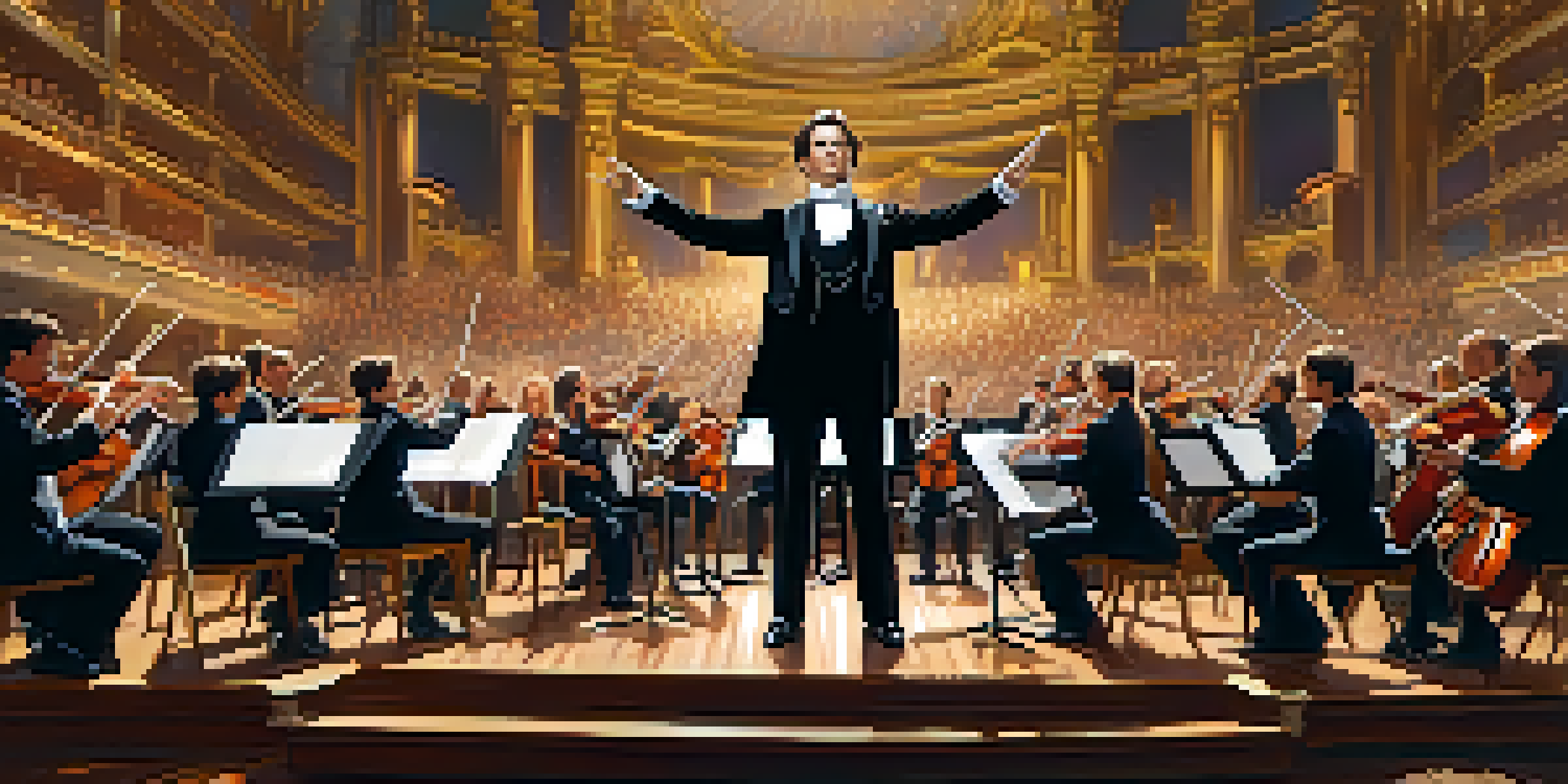 A conductor leading a symphony orchestra in a grand concert hall, wearing a black tuxedo and holding a baton.