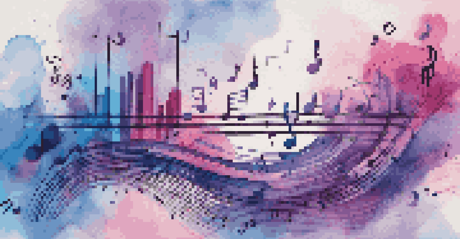 An abstract image depicting music consumption trends with digital elements and a vibrant color palette.