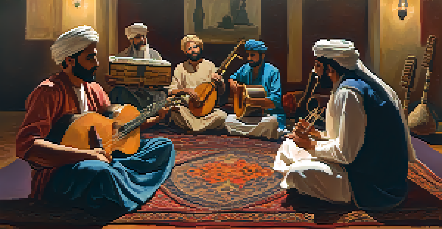A group of musicians performing Middle Eastern music in an intimate setting with warm lighting and colorful cushions.