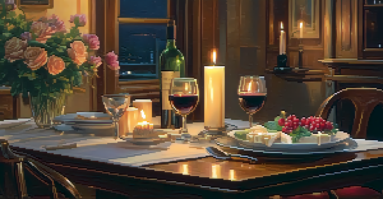 A romantic dining table set for two, with candles, flowers, and a record player in the background.