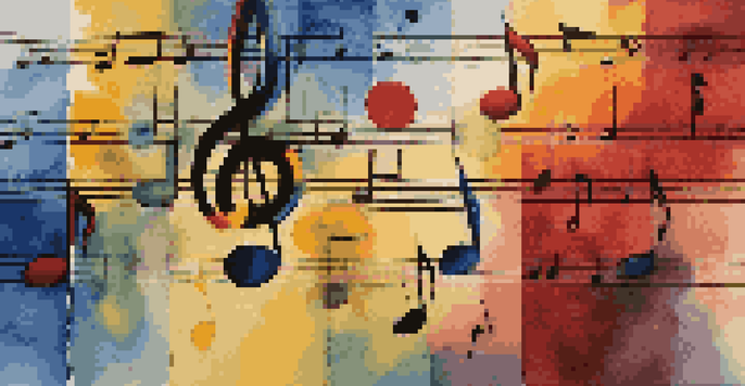 A close-up view of a colorful artist's palette with musical notes arranged on it, illuminated by soft sunlight.