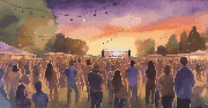 A peaceful outdoor concert during sunset with a diverse audience enjoying live music, surrounded by vibrant skies and soft lights.