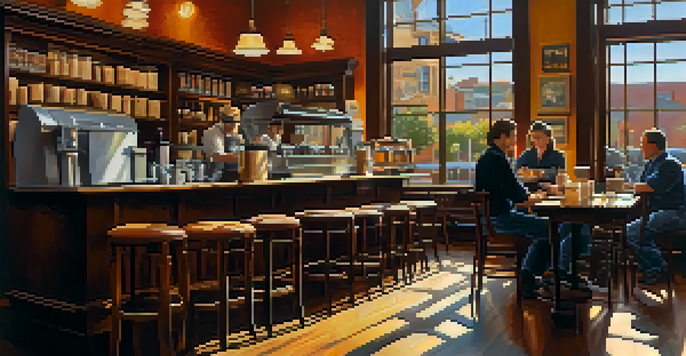 A cozy coffee shop with a barista making a latte, warm wooden decor, and sunlight streaming through the windows.