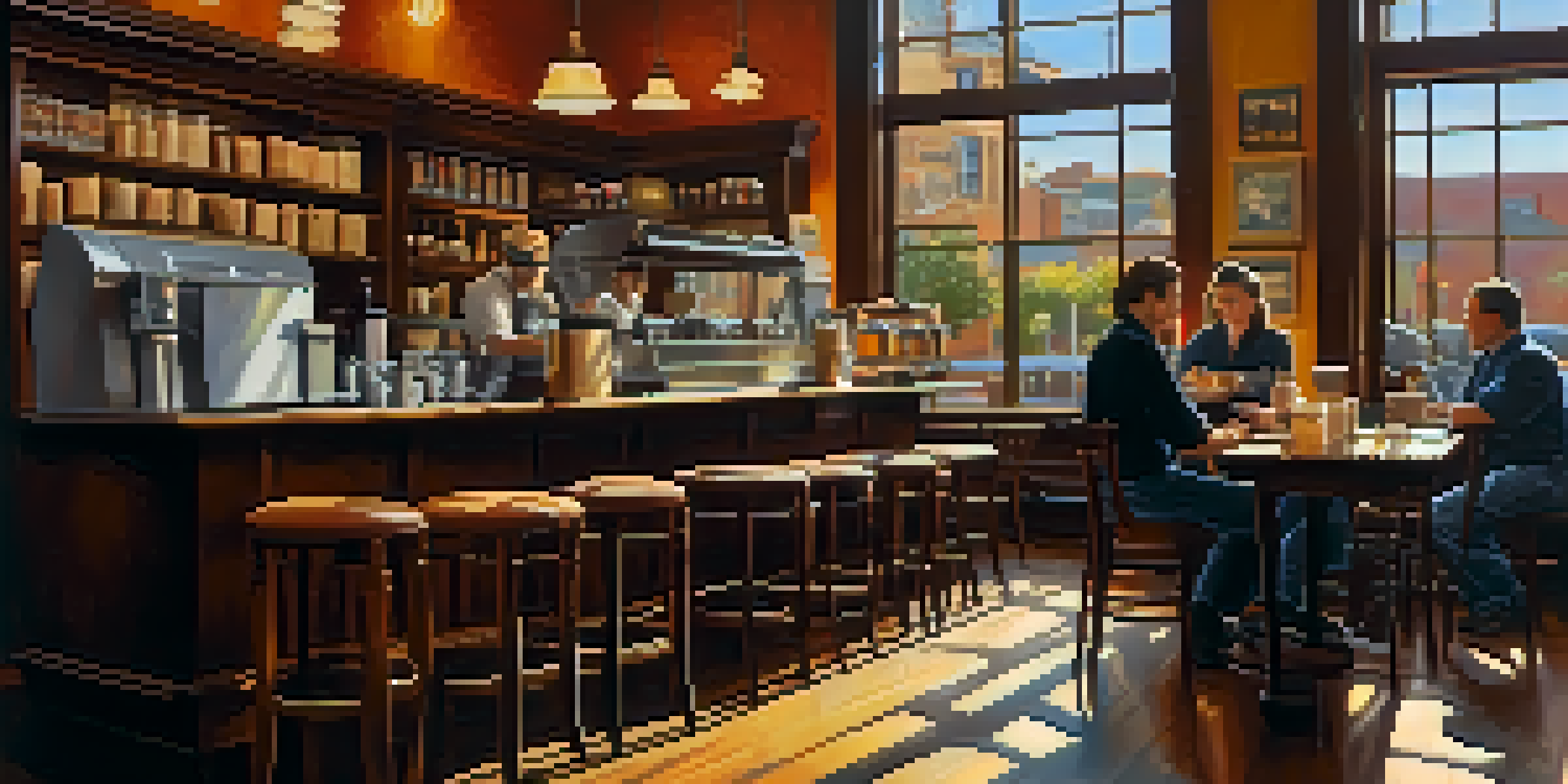 A cozy coffee shop with a barista making a latte, warm wooden decor, and sunlight streaming through the windows.
