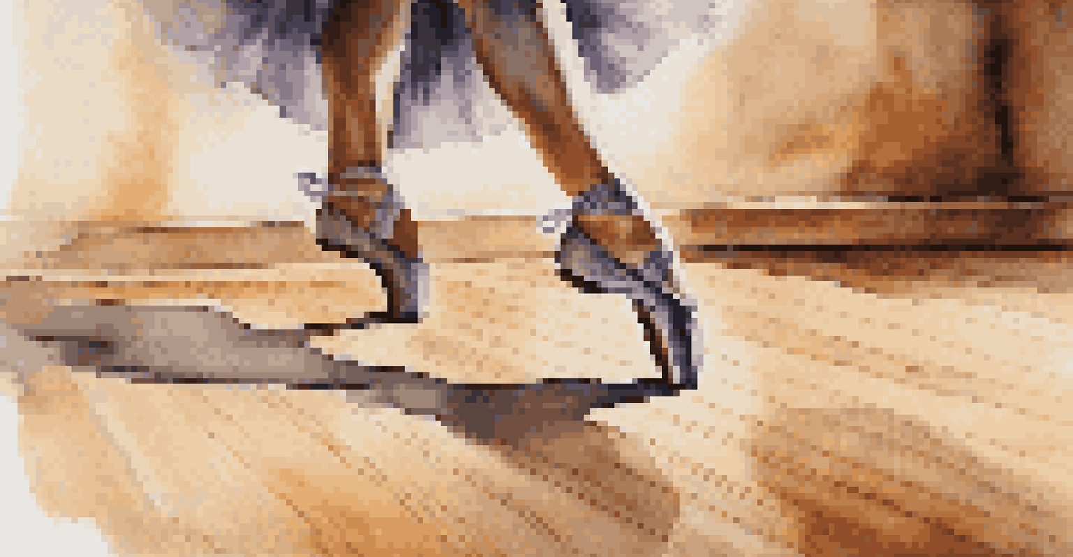 Close-up of a dancer's feet performing intricate footwork on a wooden floor, highlighting the rhythm and texture of the dance shoes.