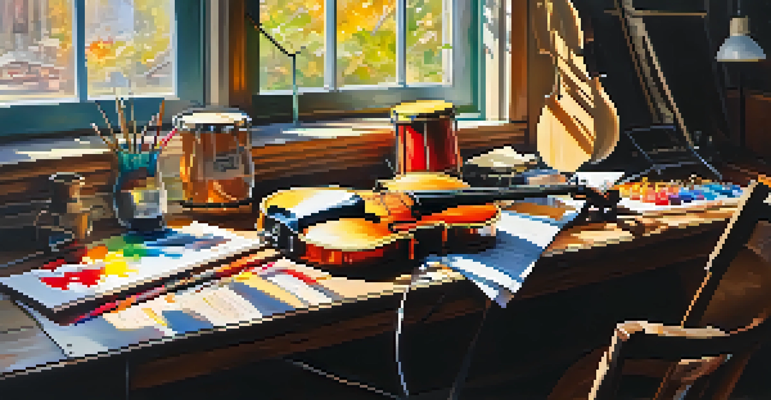 A cluttered artist's workspace with musical instruments and colorful paint, illuminated by sunlight.