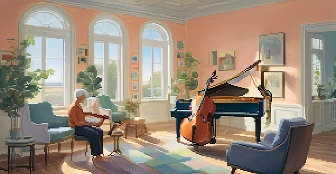 A middle-aged woman enjoying a music therapy session in a bright room, wearing headphones and smiling, with musical instruments around her.