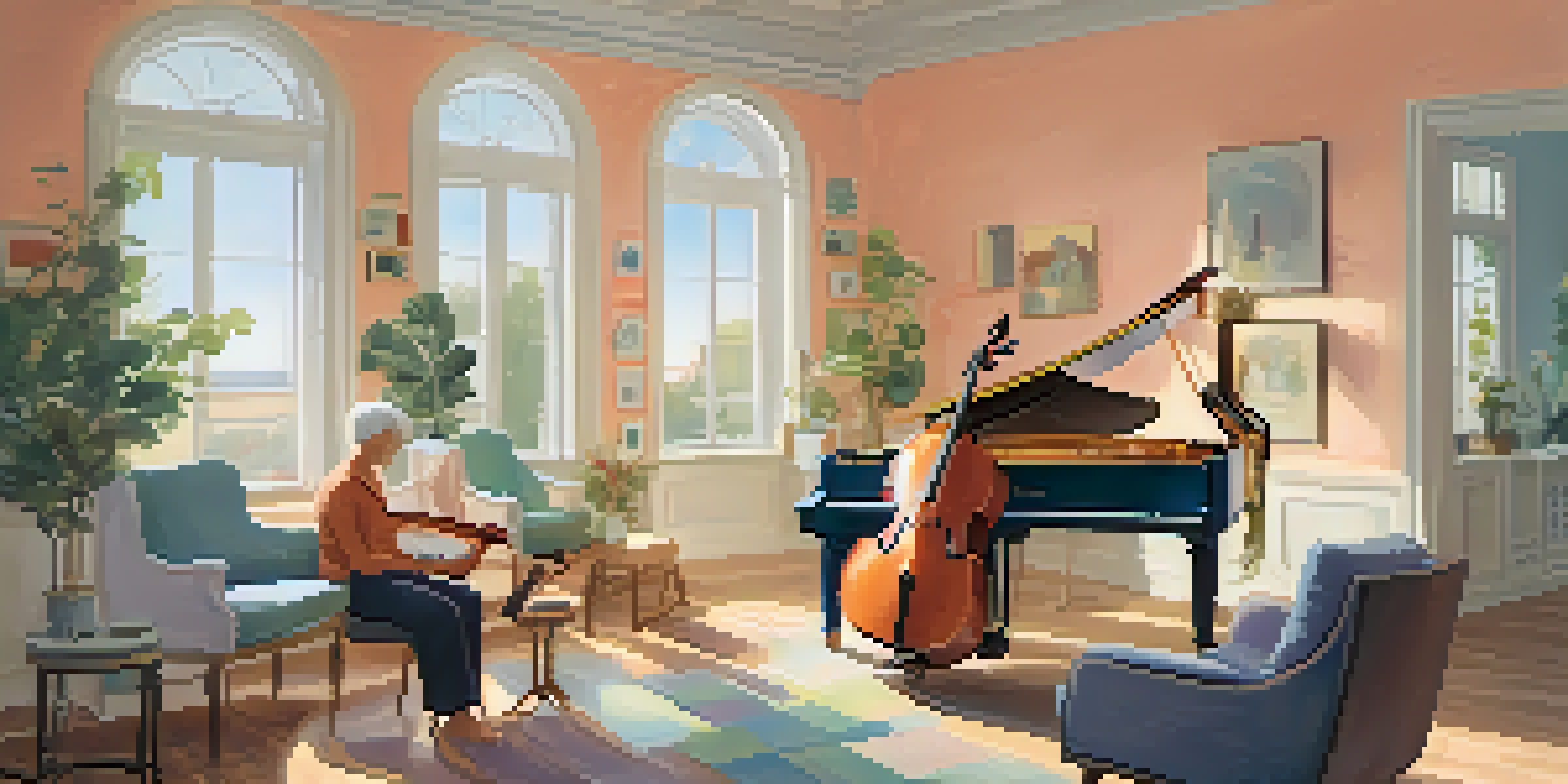 A middle-aged woman enjoying a music therapy session in a bright room, wearing headphones and smiling, with musical instruments around her.