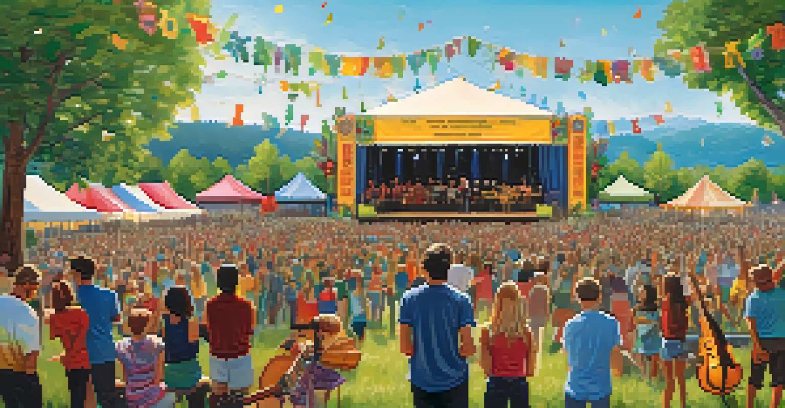 A lively outdoor music festival with performers and an engaged audience, celebrating environmental themes with colorful decorations.