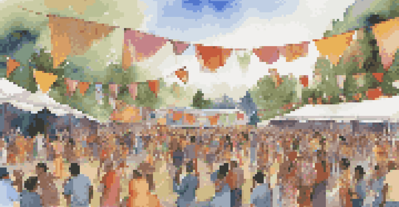 A community music festival with a diverse audience enjoying live performances, surrounded by colorful decorations and musicians on stage.