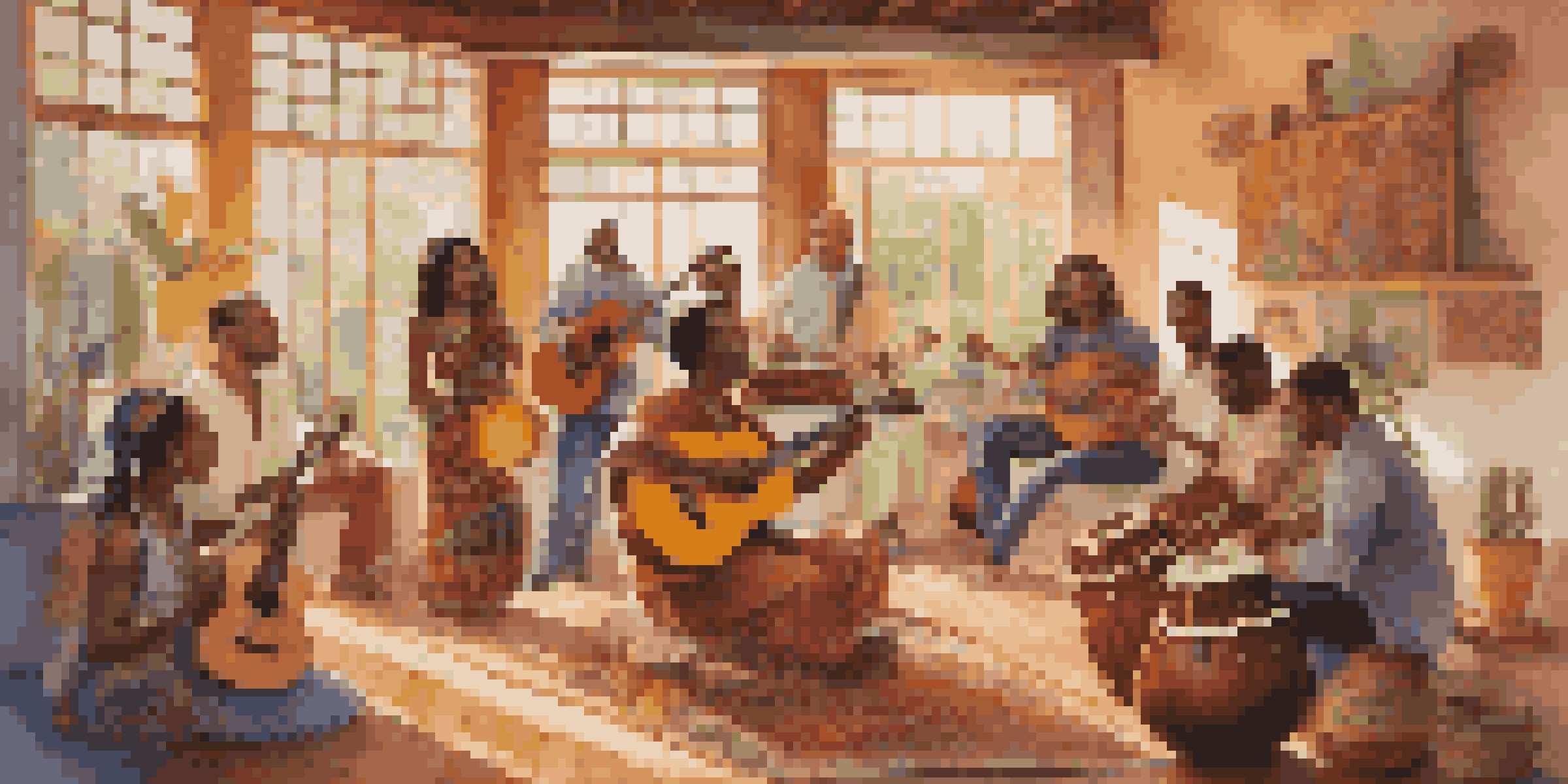 Musicians from different cultures collaborating in a sunlit studio with various instruments.