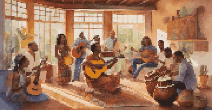 Musicians from different cultures collaborating in a sunlit studio with various instruments.