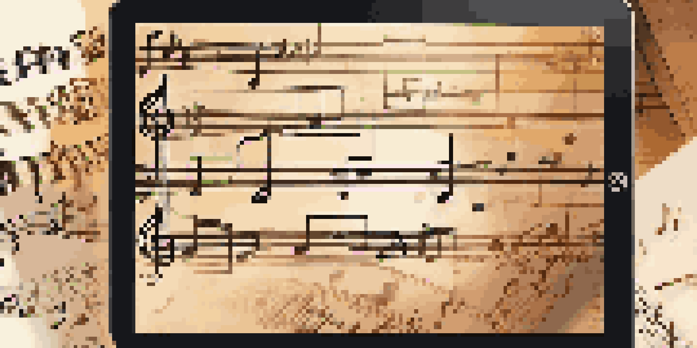 A close-up of a digital tablet showing animated sheet music in a cozy room with musical instruments and warm lighting.