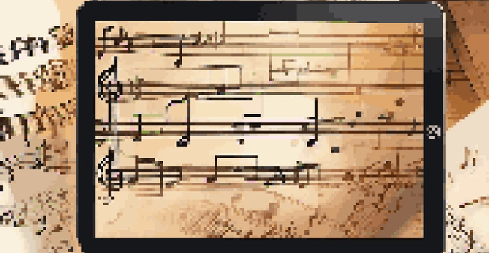 A close-up of a digital tablet showing animated sheet music in a cozy room with musical instruments and warm lighting.