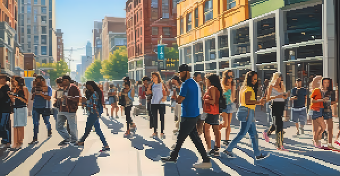 A diverse group of people using smartphones to stream music in a busy city street filled with modern buildings and colorful street art, illuminated by warm sunlight.