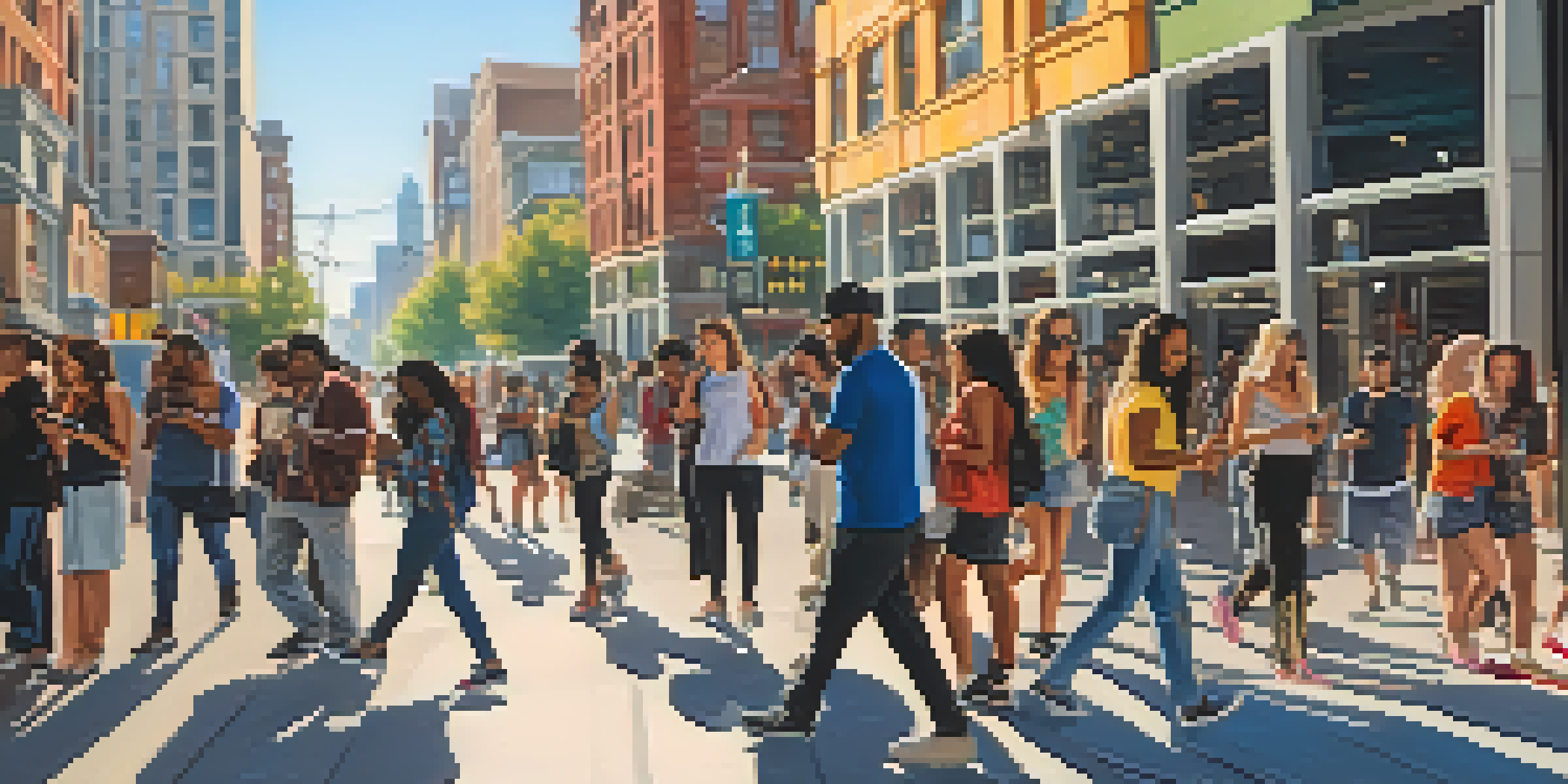 A diverse group of people using smartphones to stream music in a busy city street filled with modern buildings and colorful street art, illuminated by warm sunlight.