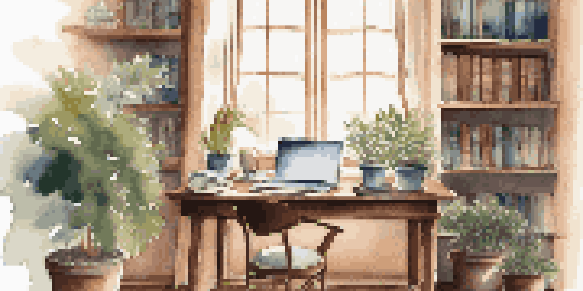 A peaceful study area with a wooden desk, an open laptop, books, and a steaming cup of coffee, illuminated by soft natural light from a window.