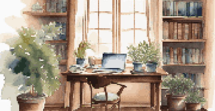 A peaceful study area with a wooden desk, an open laptop, books, and a steaming cup of coffee, illuminated by soft natural light from a window.