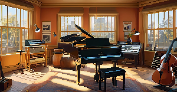 A sunlit recording studio with a grand piano, guitars, and a mixing console, decorated with gold records and musician posters.
