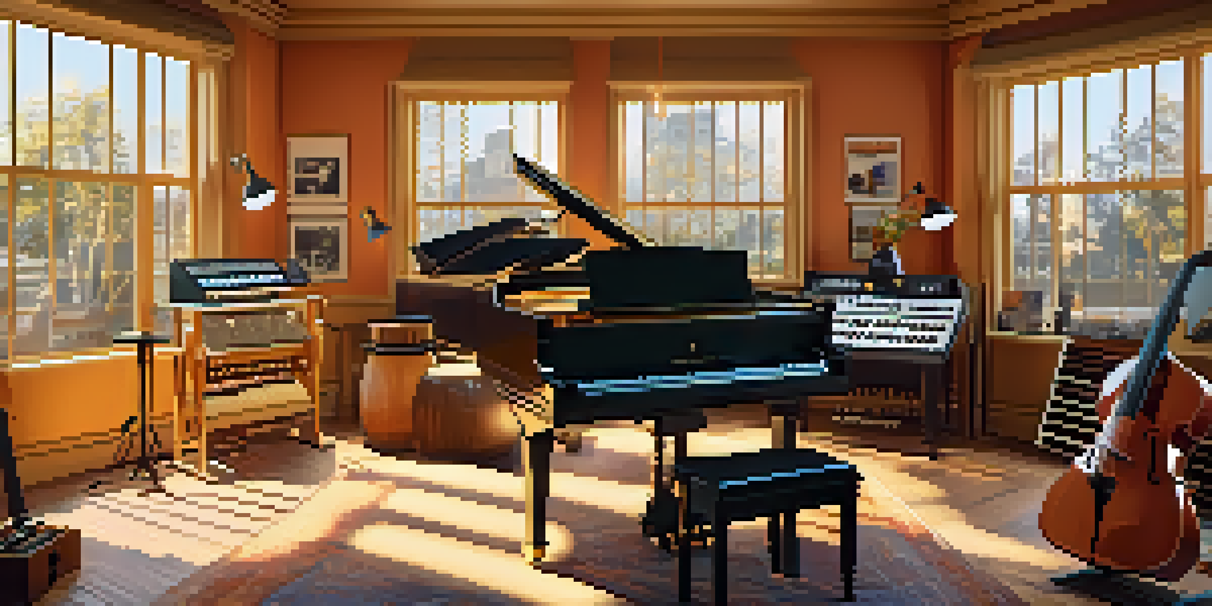 A sunlit recording studio with a grand piano, guitars, and a mixing console, decorated with gold records and musician posters.