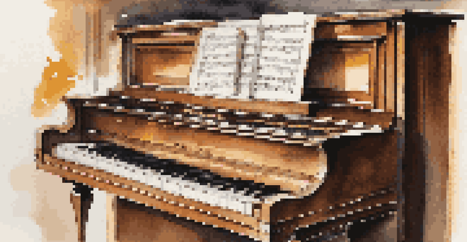 A close-up of a vintage piano with sheet music on the stand, soft light illuminating its polished surface.