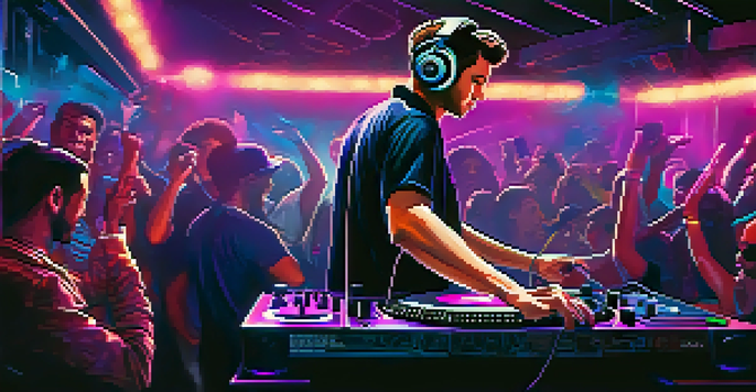 A DJ performing at a club with colorful lights and an energetic crowd dancing.