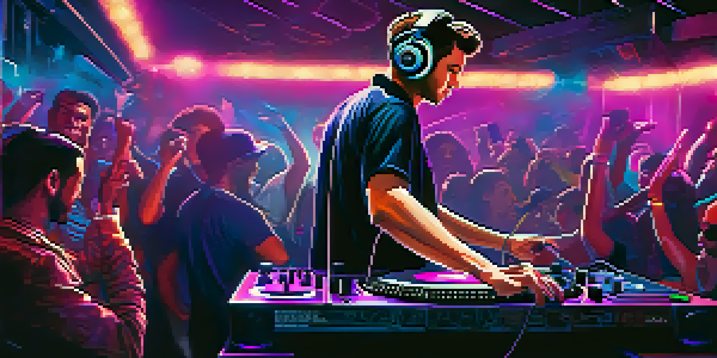 A DJ performing at a club with colorful lights and an energetic crowd dancing.