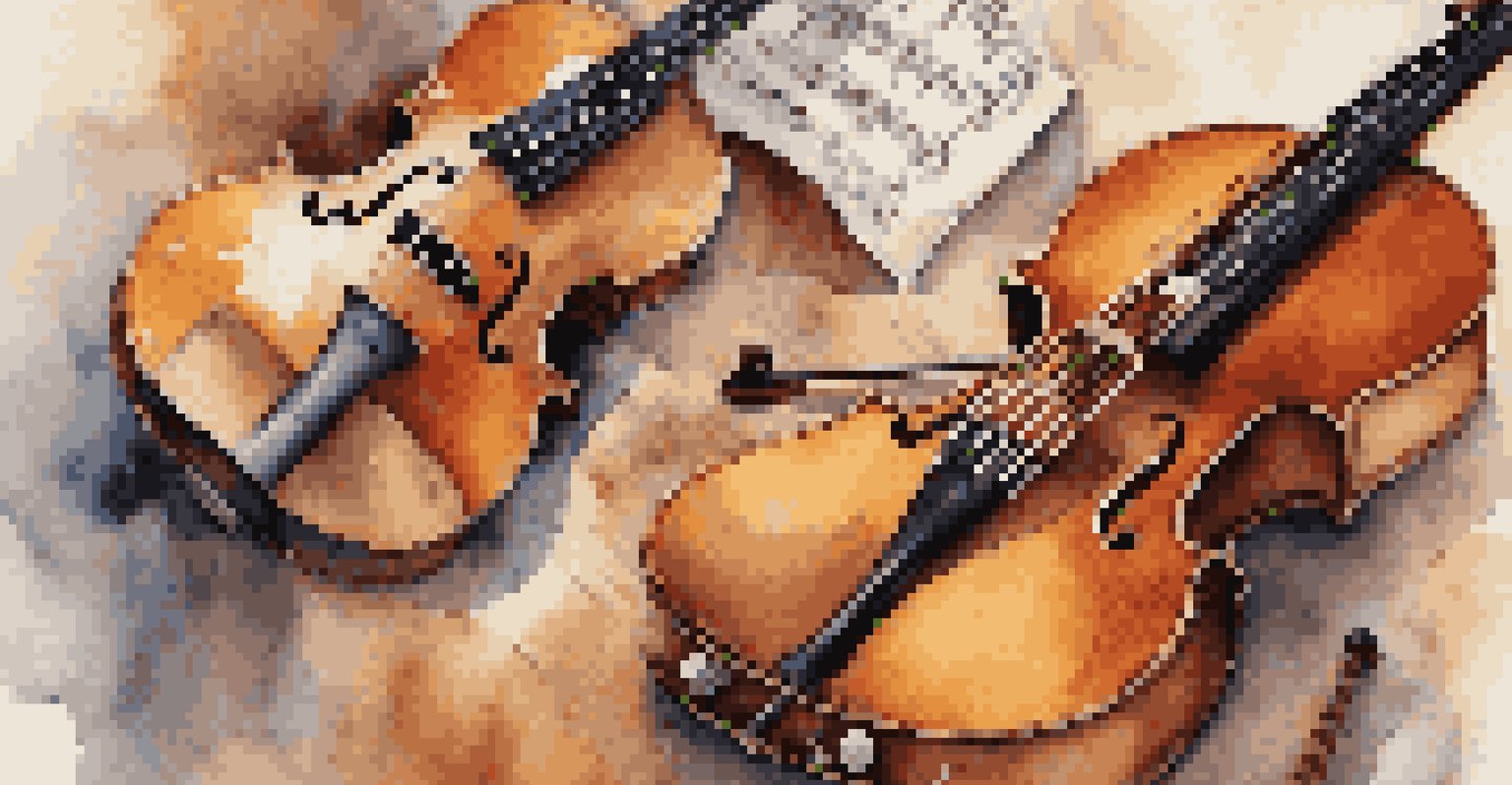 Close-up of hands playing a violin, guitar, and piano, highlighting the textures and details of the instruments in a warm color palette.
