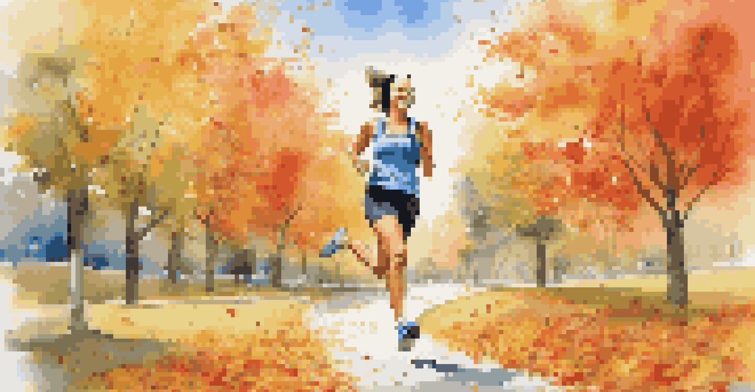 A person jogging in a park with headphones, surrounded by colorful autumn leaves and a blue sky.
