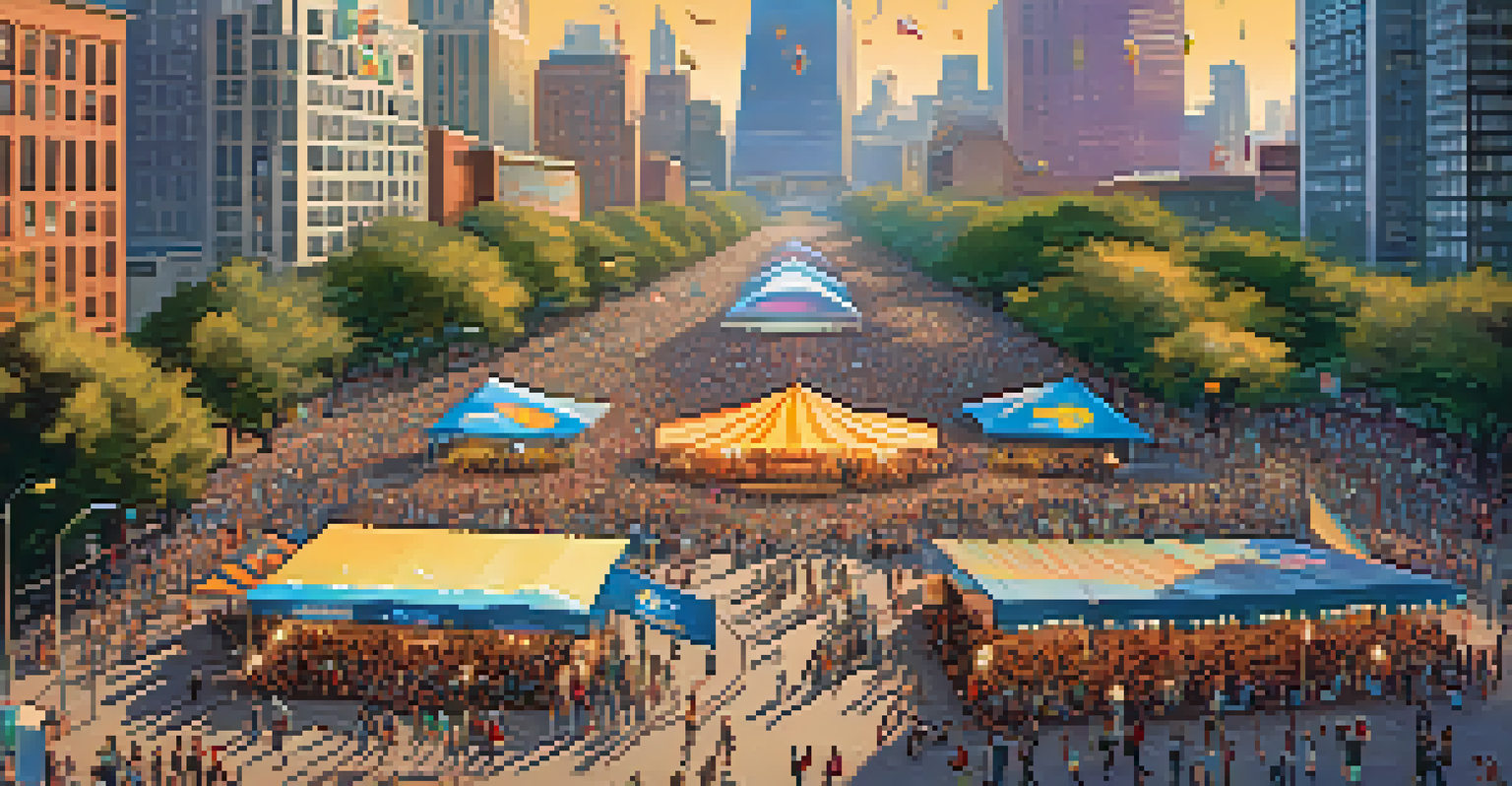 Aerial view of a bustling music festival in an urban park, showcasing people dancing and enjoying live performances with colorful banners and city skyscrapers in the background.