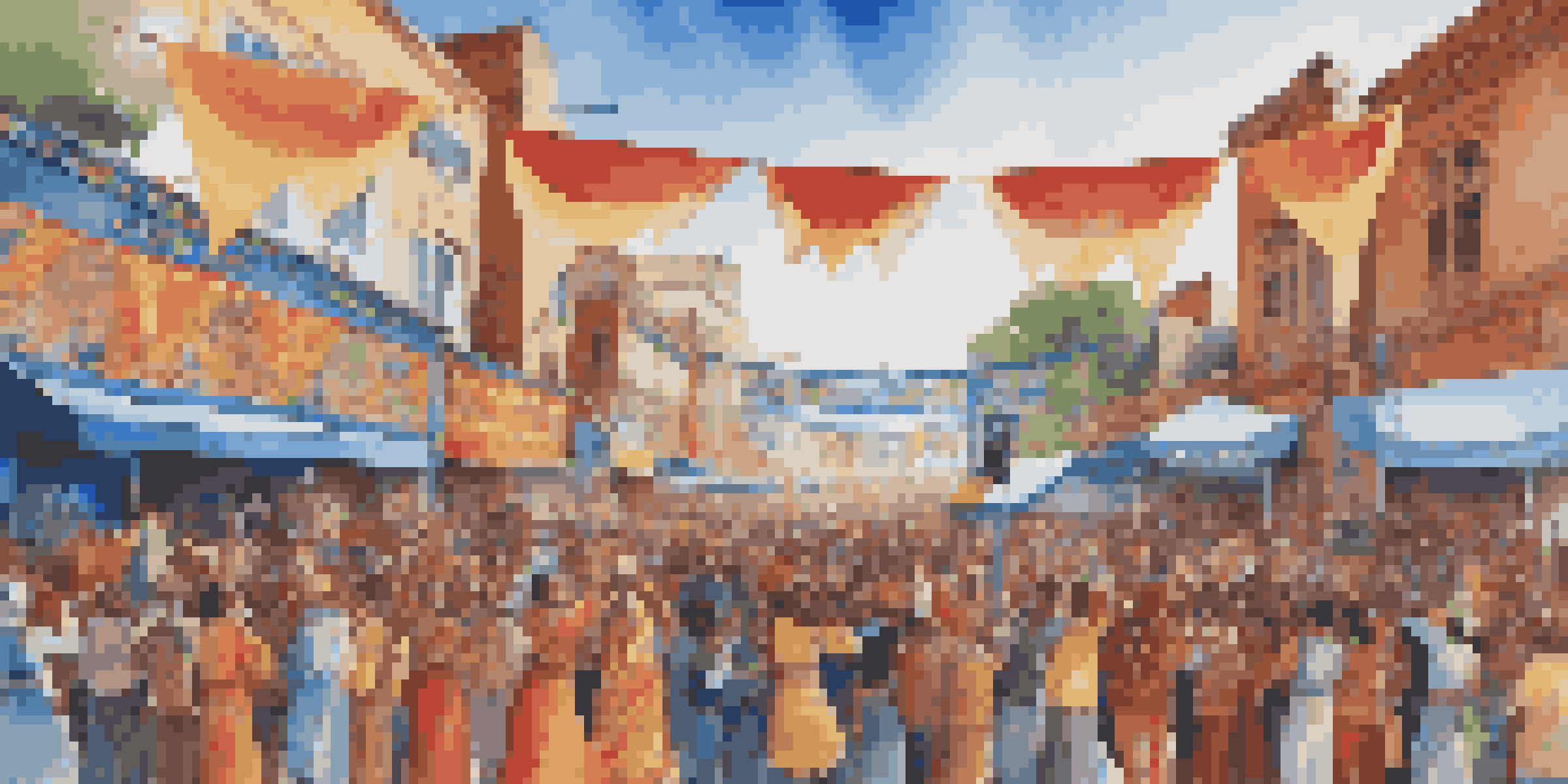 A lively street music festival with diverse artists performing together on stage, surrounded by an enthusiastic crowd and colorful decorations.