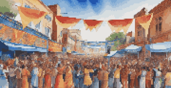 A lively street music festival with diverse artists performing together on stage, surrounded by an enthusiastic crowd and colorful decorations.