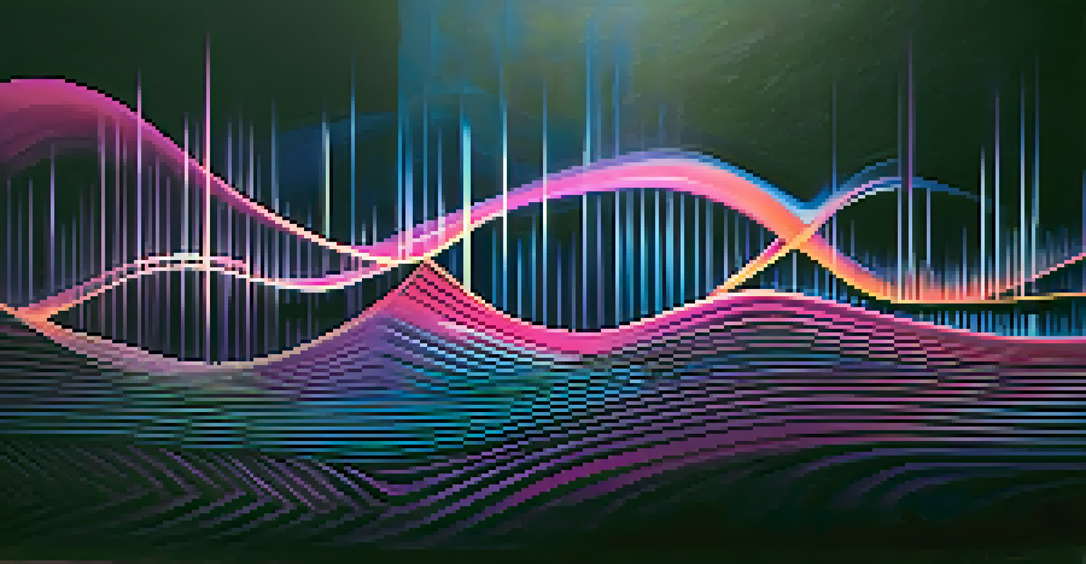 An abstract representation of colorful sound waves transforming into musical notes.