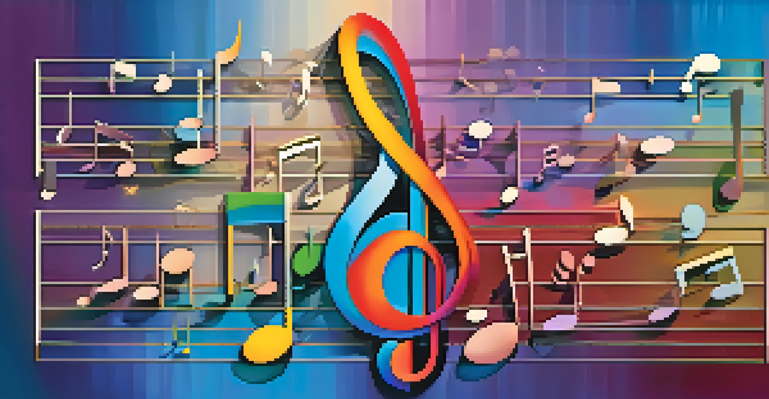 An abstract image showing colorful musical notes and a metronome against a gradient background.