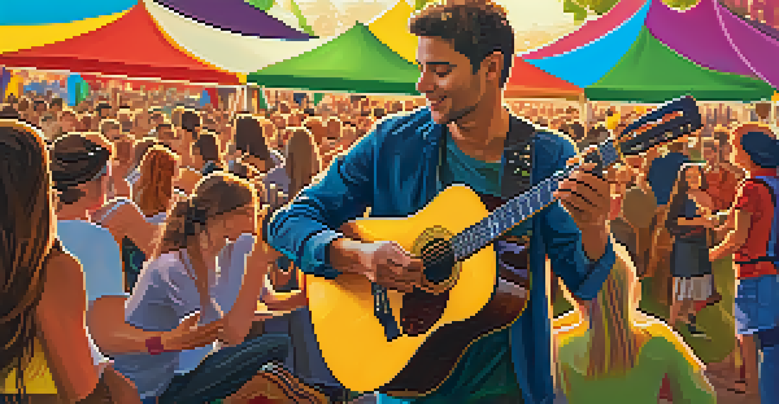 A close-up of a musician playing guitar at a festival, with colorful tents and joyful festival-goers in the background, illuminated by warm evening light.