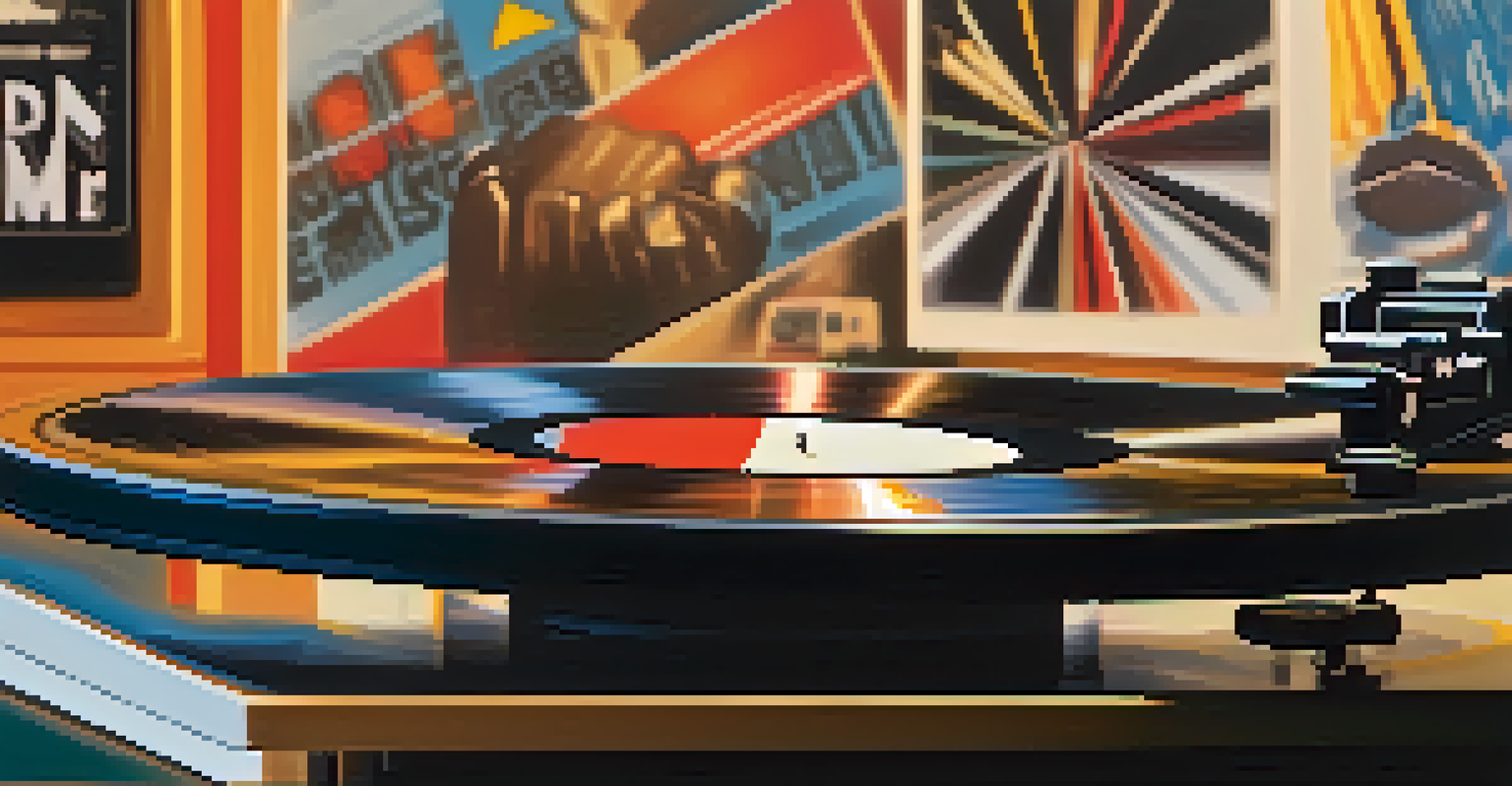 A close-up of a vinyl record on a turntable with warm lighting, showcasing posters of political songs in the background.