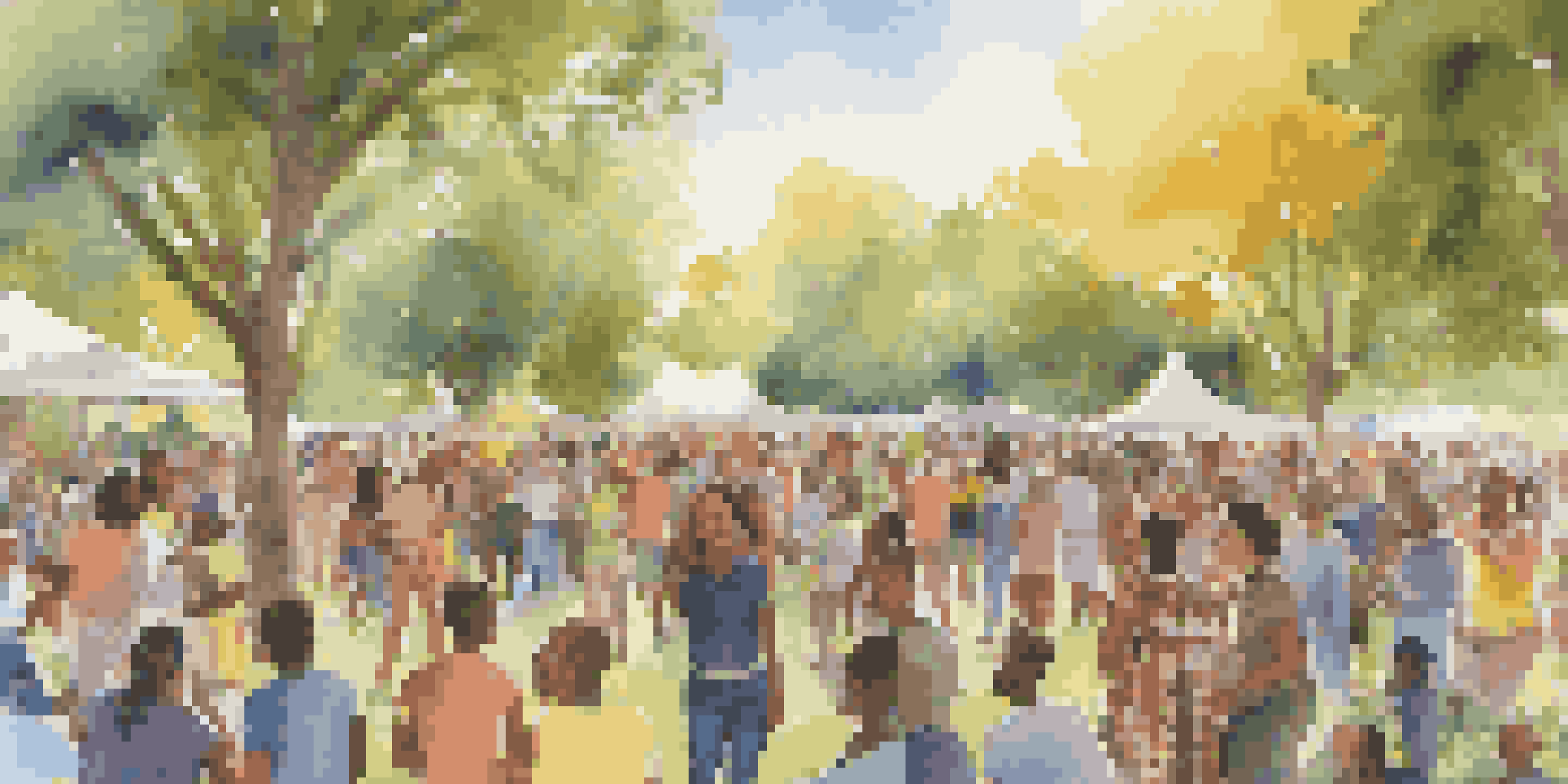 A diverse group of people singing together in a park, surrounded by greenery and colorful banners.