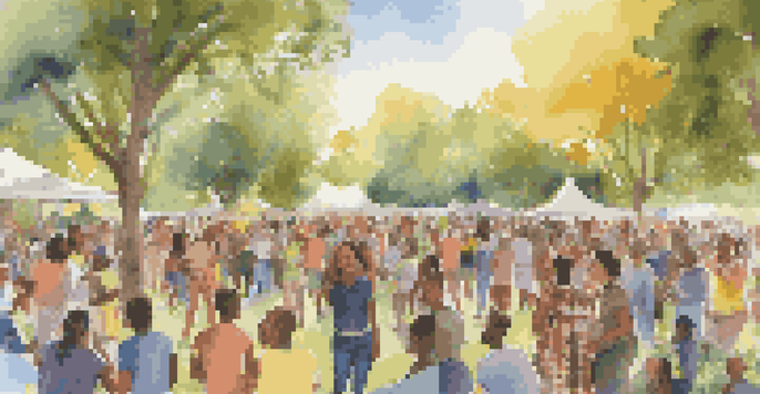 A diverse group of people singing together in a park, surrounded by greenery and colorful banners.