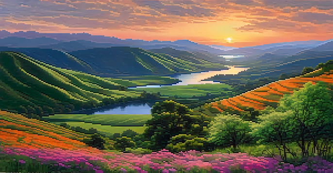 A peaceful valley with rolling hills, a winding river reflecting a colorful sunset, and blooming wildflowers, with mountains in the background.