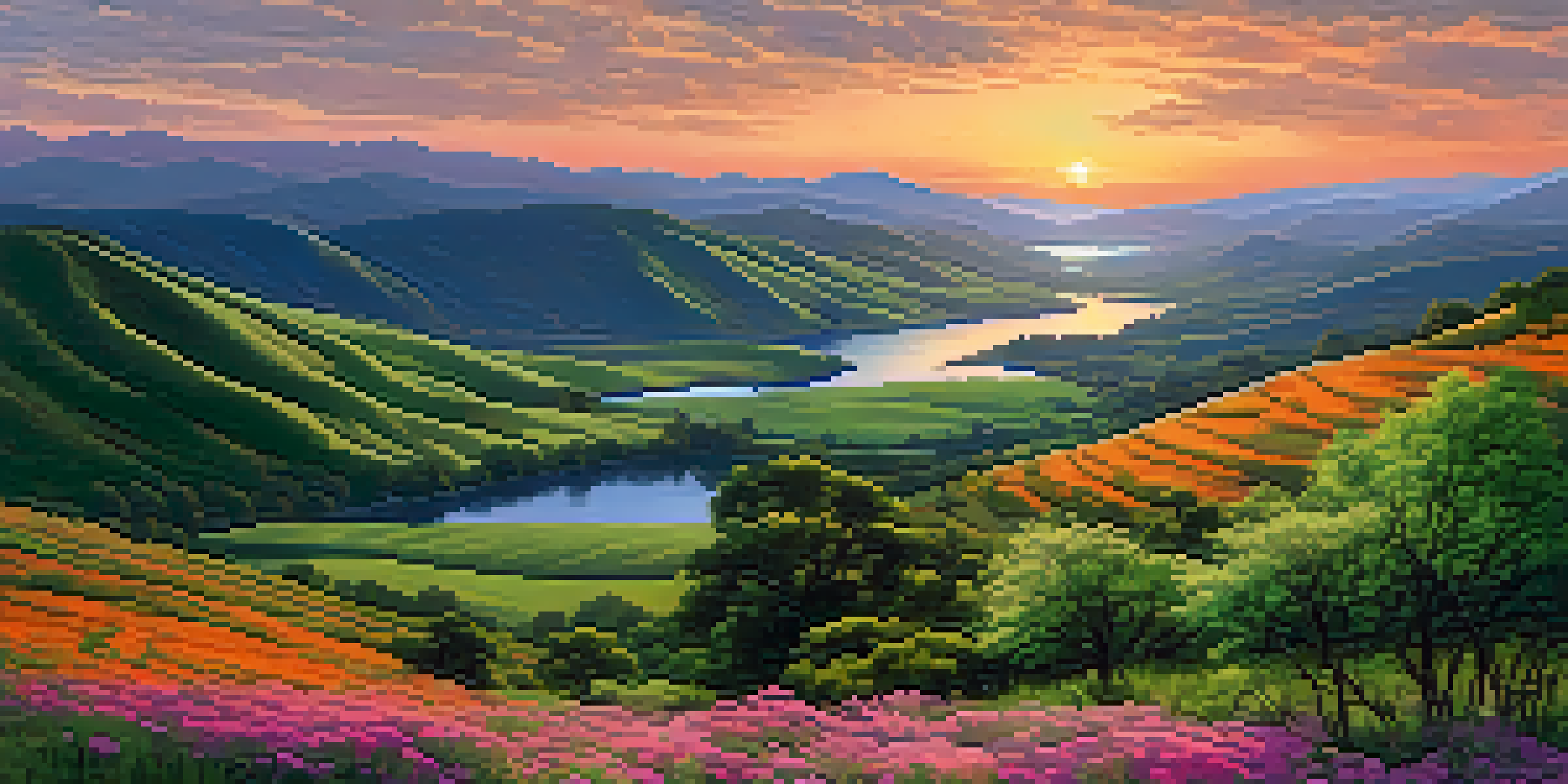 A peaceful valley with rolling hills, a winding river reflecting a colorful sunset, and blooming wildflowers, with mountains in the background.