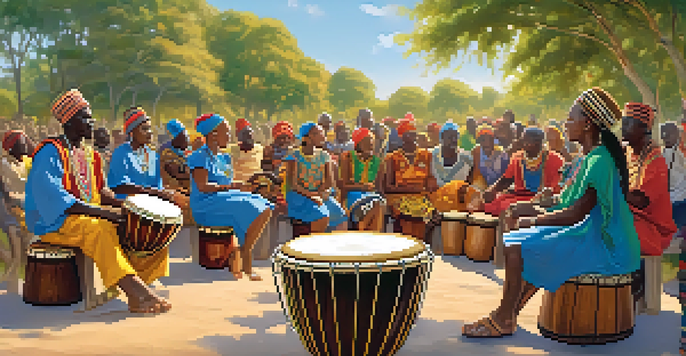 A diverse group of people of all ages gathered in a circle, playing traditional African drums in a sunny outdoor setting, showcasing colorful clothing and joyful expressions.