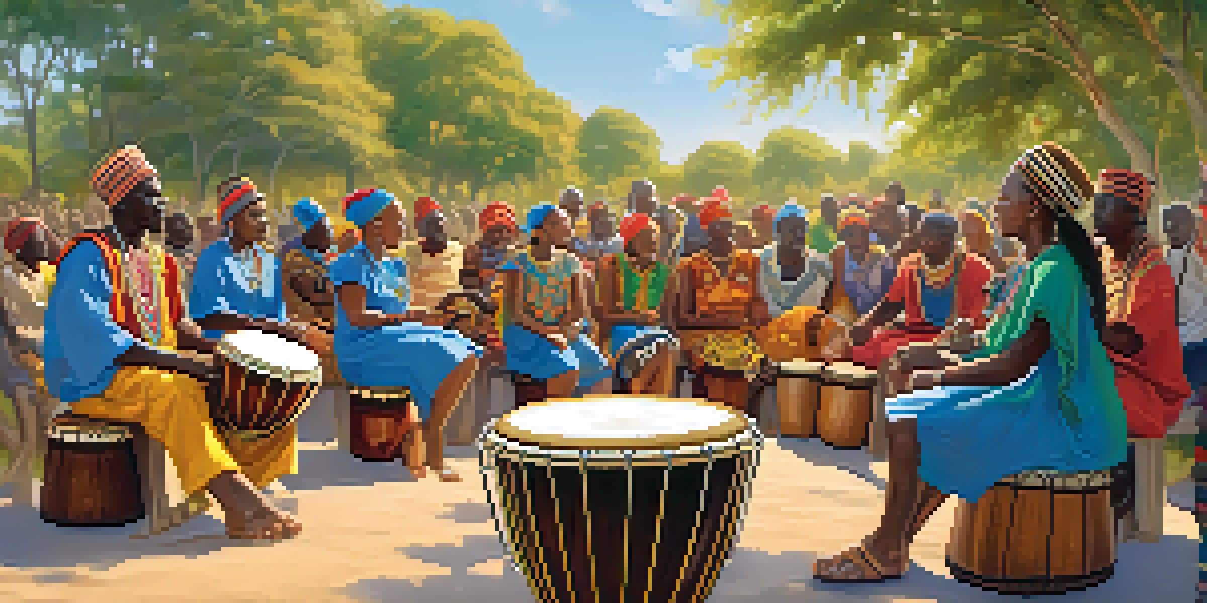 A diverse group of people of all ages gathered in a circle, playing traditional African drums in a sunny outdoor setting, showcasing colorful clothing and joyful expressions.