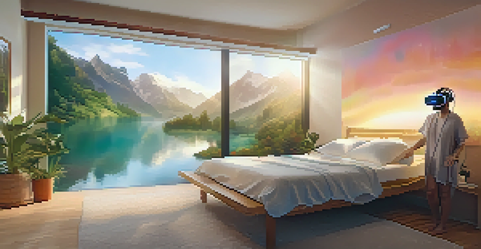 A patient wearing a VR headset in a calming therapy room, surrounded by soothing nature visuals and soft lighting.