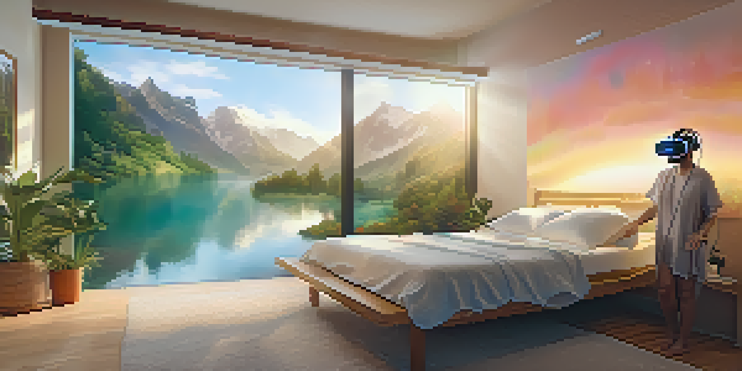 A patient wearing a VR headset in a calming therapy room, surrounded by soothing nature visuals and soft lighting.