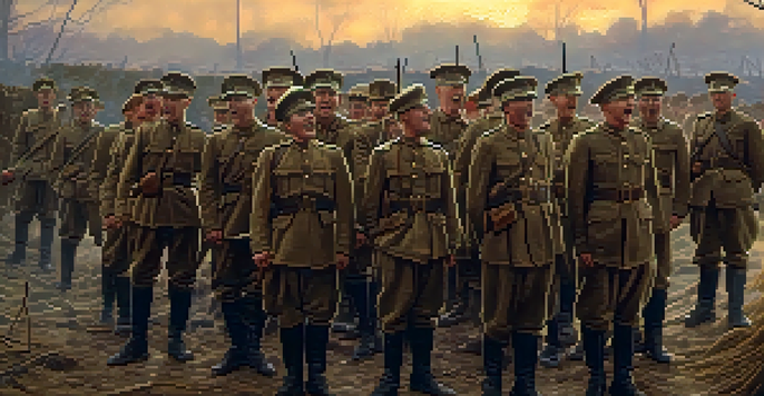 A group of World War I soldiers singing together on a battlefield, illuminated by soft golden light.