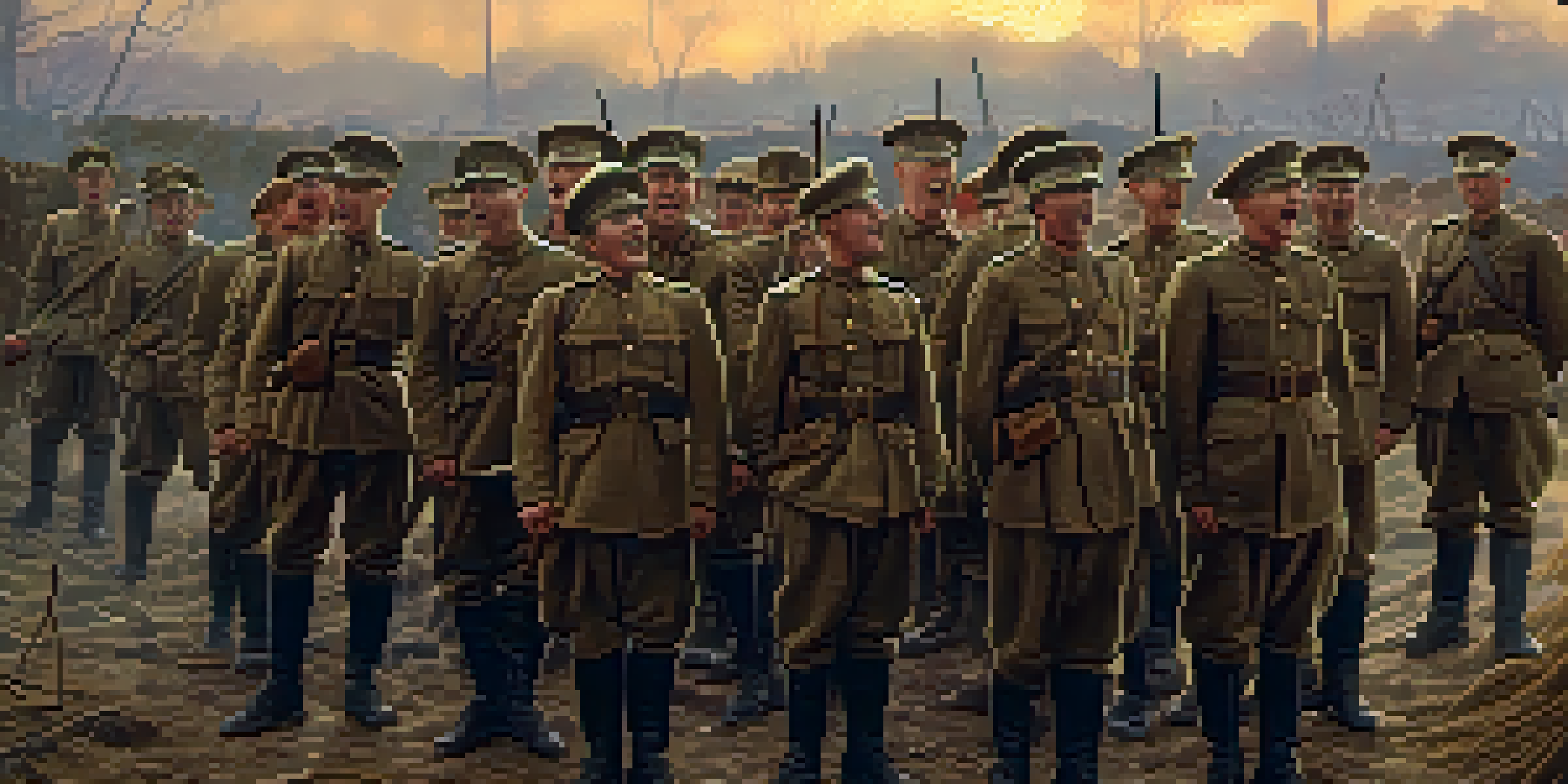 A group of World War I soldiers singing together on a battlefield, illuminated by soft golden light.