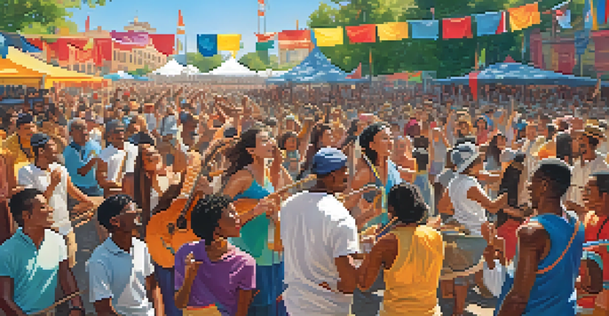 A lively music festival with diverse attendees enjoying performances, colorful banners, and musicians playing traditional instruments.