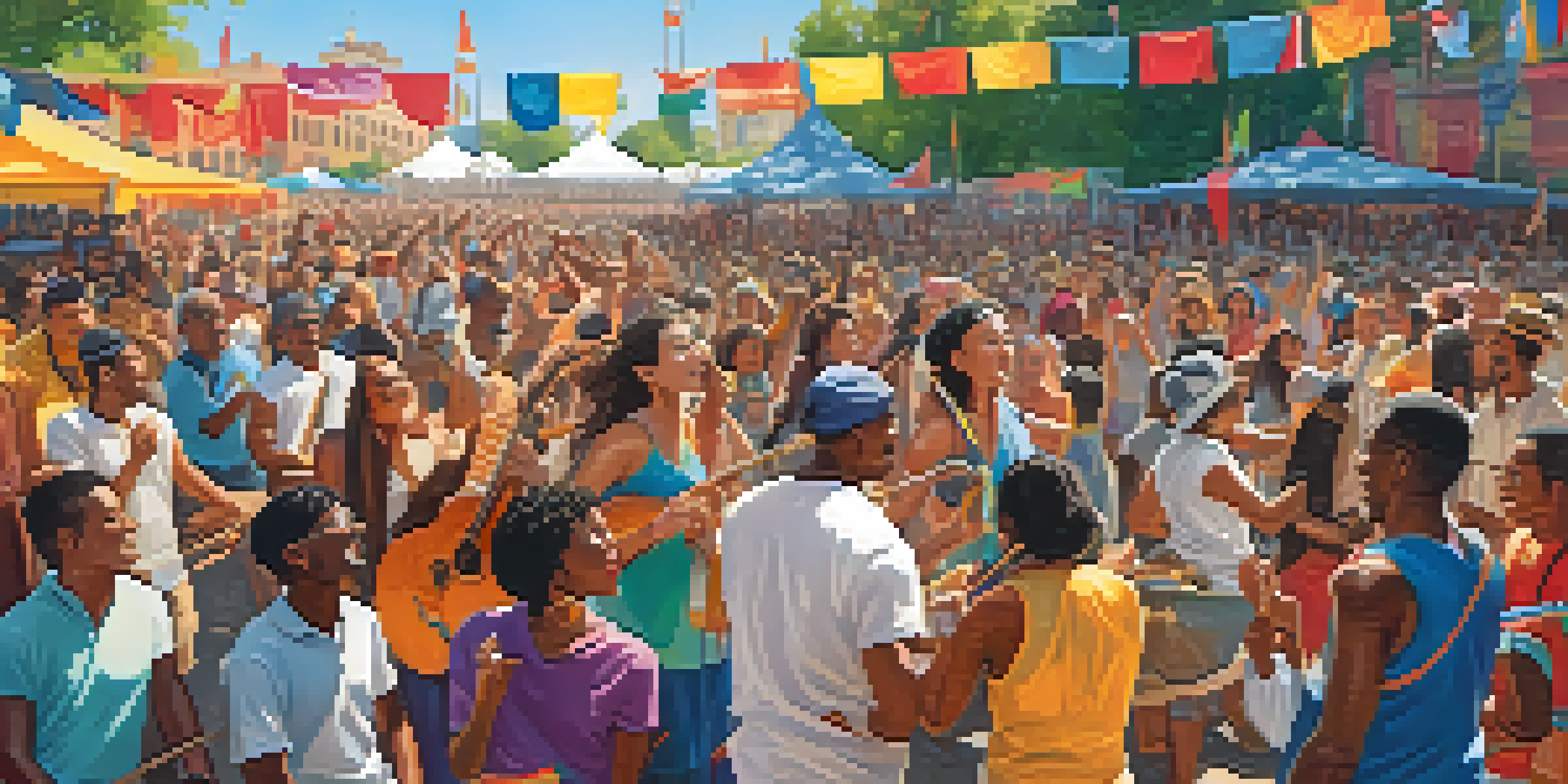A lively music festival with diverse attendees enjoying performances, colorful banners, and musicians playing traditional instruments.