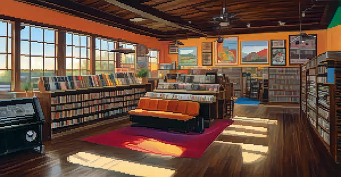 A vintage vinyl record shop with sunlight streaming through windows, colorful album covers, wooden shelves, and a cozy seating area.