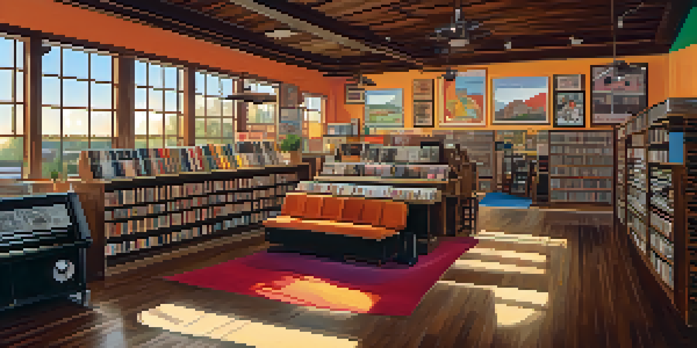 A vintage vinyl record shop with sunlight streaming through windows, colorful album covers, wooden shelves, and a cozy seating area.
